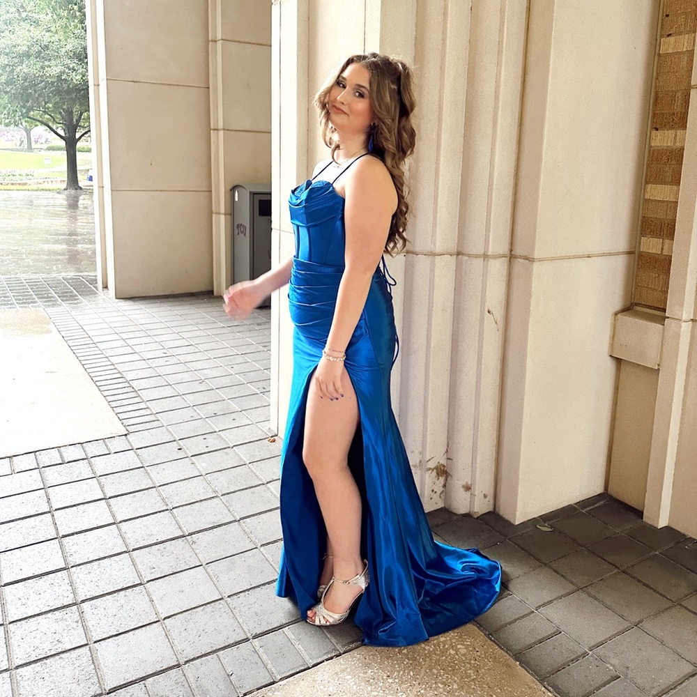ROYAL BLUE FLOOR LENGTH FORMAL DRESS WITH HIGH SLIT AND CORSET BACK